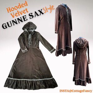 TALL L-XL Gunne Sax Style Hood Brown Velvet Dress Renaissance LARP Fairy Costume